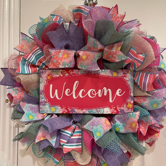 “Welcome” wreath - happy colorful 24” super full wreath! Very luxe ribbons! - Picture 6 of 8